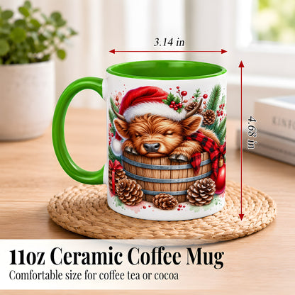 #pl[11oz|Green] Sleeping Highland Cow Coffee Mug, Christmas Cow Mug, Ceramic Cup