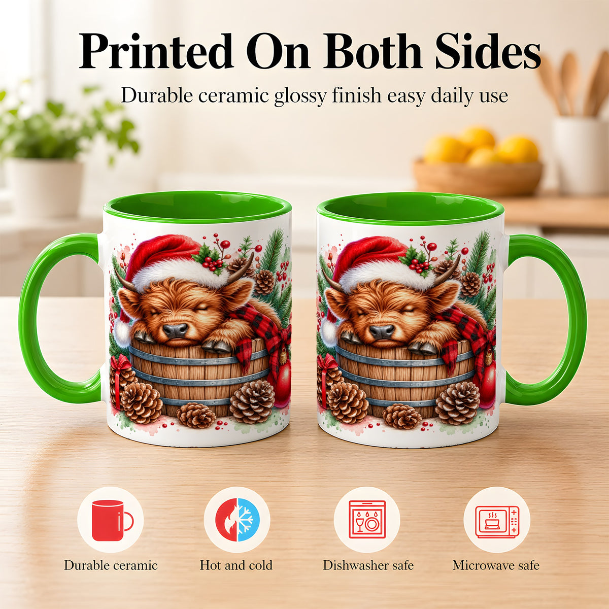 #pl[11oz|Green] Sleeping Highland Cow Coffee Mug, Christmas Cow Mug, Ceramic Cup