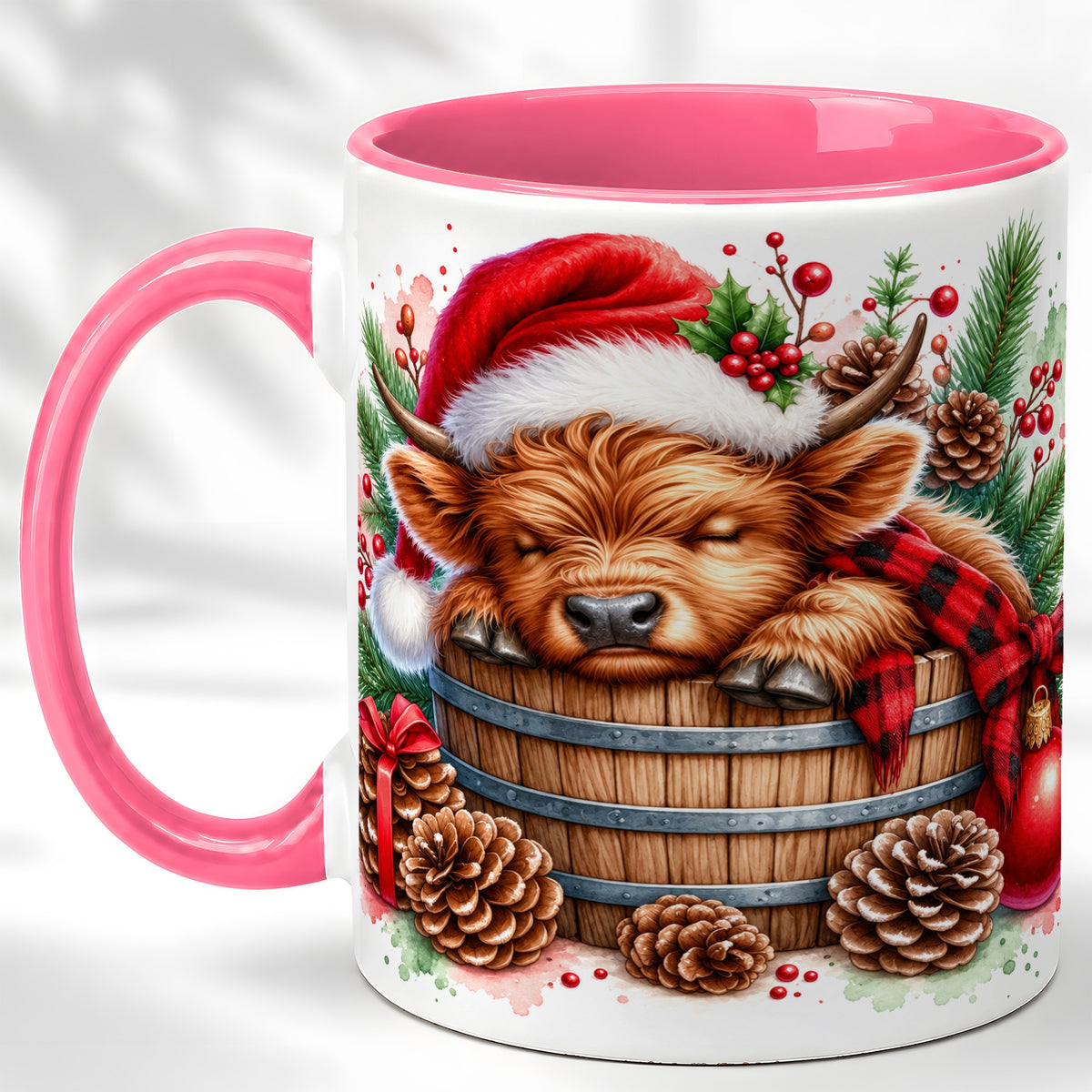 #pl[11oz|Pink] Sleeping Highland Cow Coffee Mug, Christmas Cow Mug, Ceramic Cup