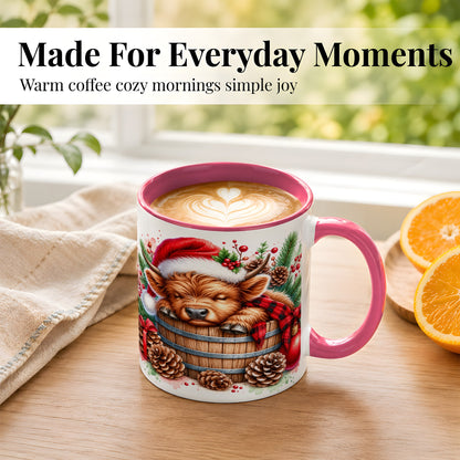 #pl[11oz|Pink] Sleeping Highland Cow Coffee Mug, Christmas Cow Mug, Ceramic Cup