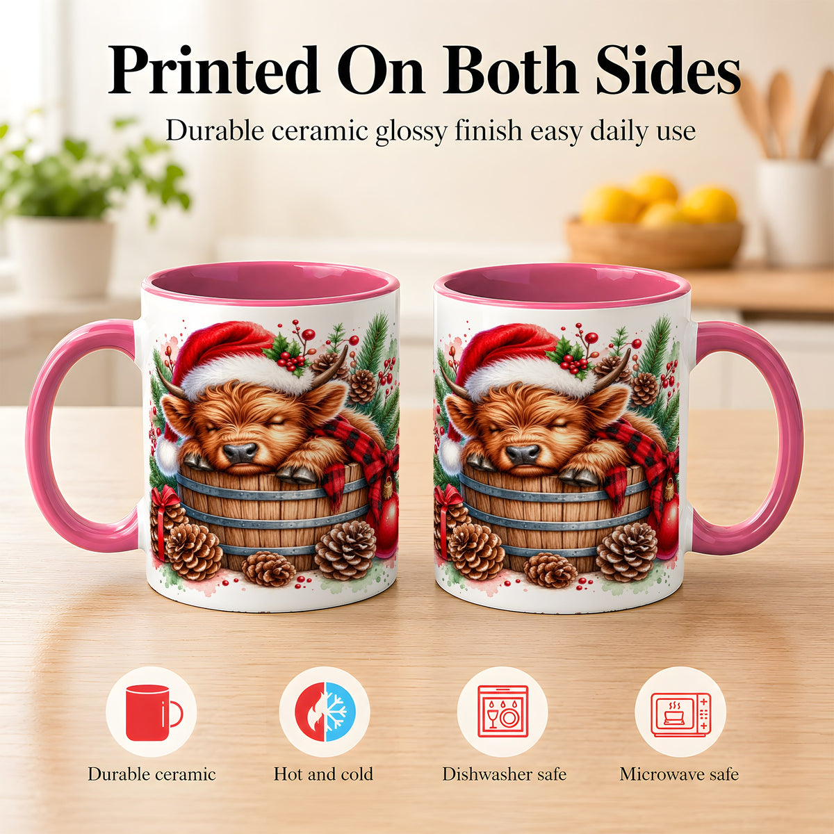 #pl[11oz|Pink] Sleeping Highland Cow Coffee Mug, Christmas Cow Mug, Ceramic Cup