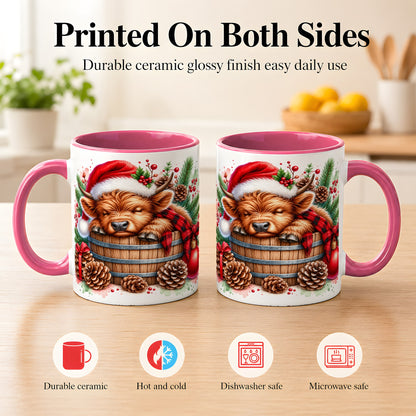 #pl[11oz|Pink] Sleeping Highland Cow Coffee Mug, Christmas Cow Mug, Ceramic Cup