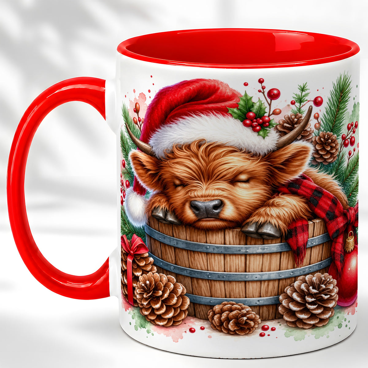 #pl[11oz|Red] Sleeping Highland Cow Coffee Mug, Christmas Cow Mug, Ceramic Cup