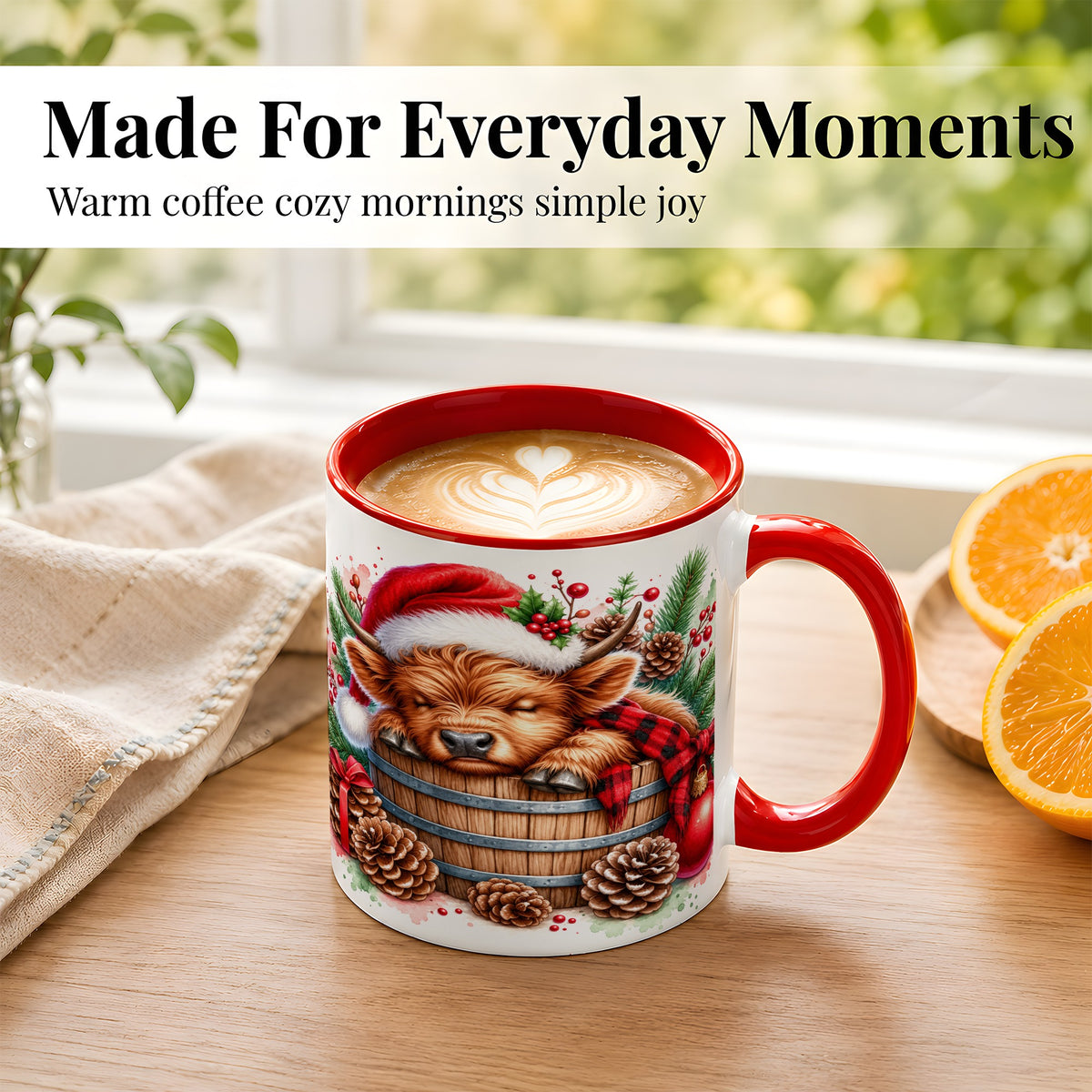 #pl[11oz|Red] Sleeping Highland Cow Coffee Mug, Christmas Cow Mug, Ceramic Cup