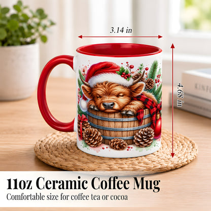 #pl[11oz|Red] Sleeping Highland Cow Coffee Mug, Christmas Cow Mug, Ceramic Cup