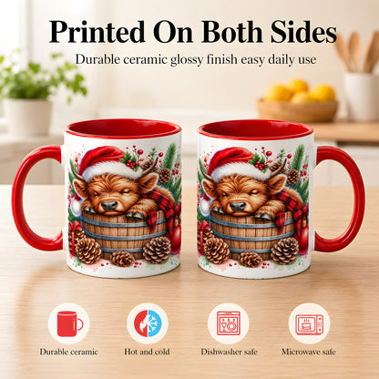 #pl[11oz|Red] Sleeping Highland Cow Coffee Mug, Christmas Cow Mug, Ceramic Cup