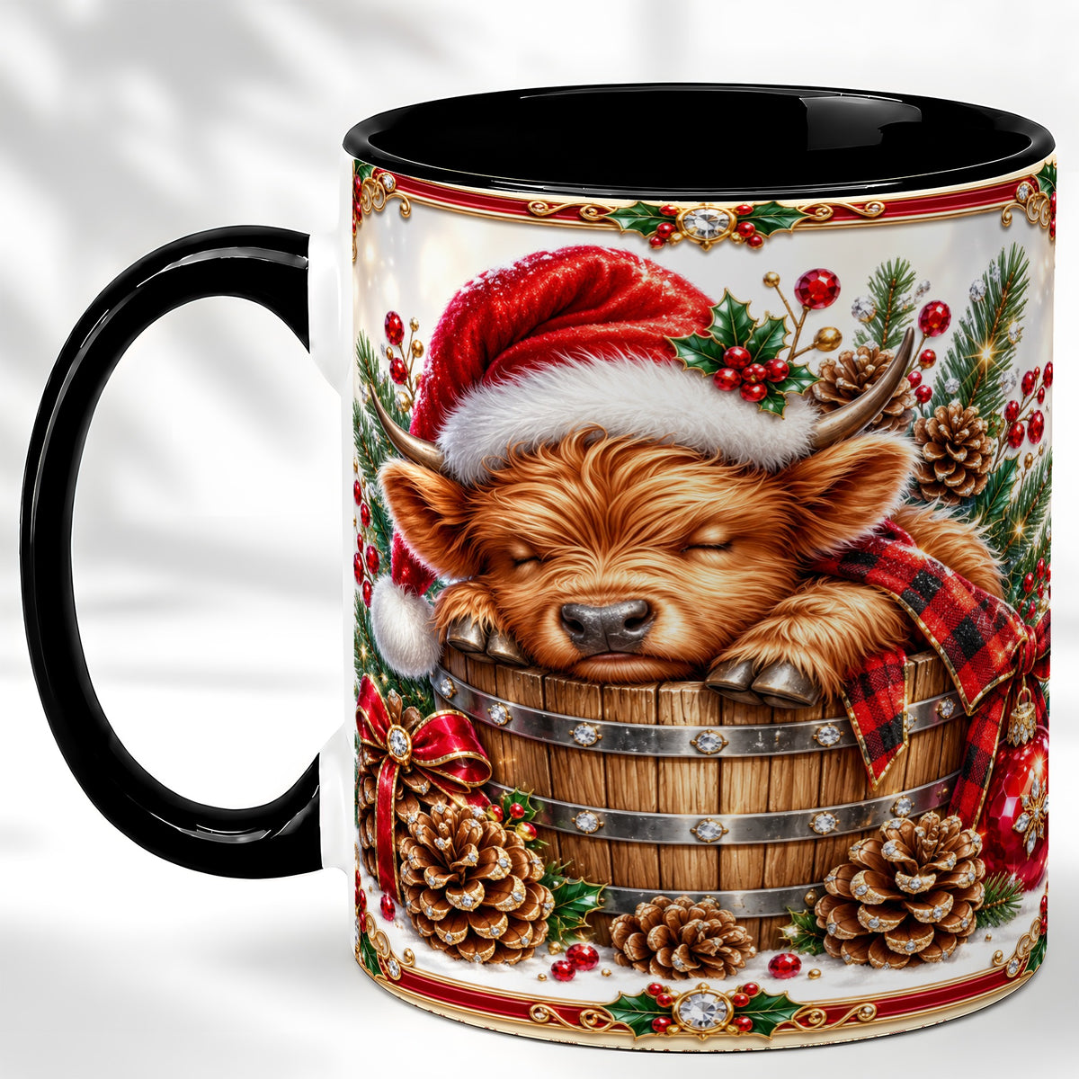 #pl[11oz|Black] Jeweled Highland Cow Coffee Mug, Christmas Cow Mug, Ceramic Cup