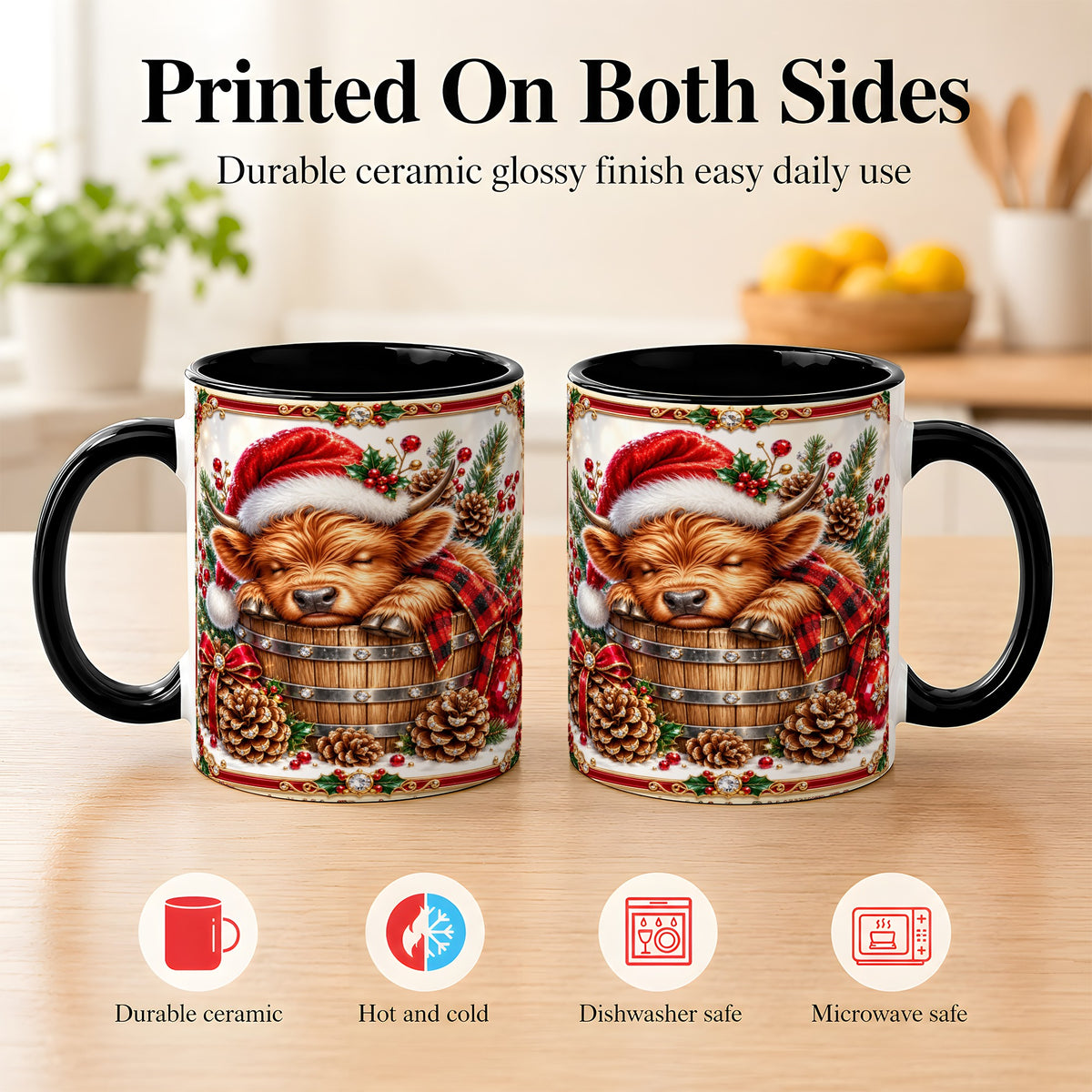 #pl[11oz|Black] Jeweled Highland Cow Coffee Mug, Christmas Cow Mug, Ceramic Cup