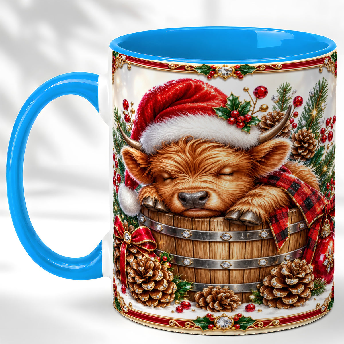 #pl[11oz|Blue] Jeweled Highland Cow Coffee Mug, Christmas Cow Mug, Ceramic Cup