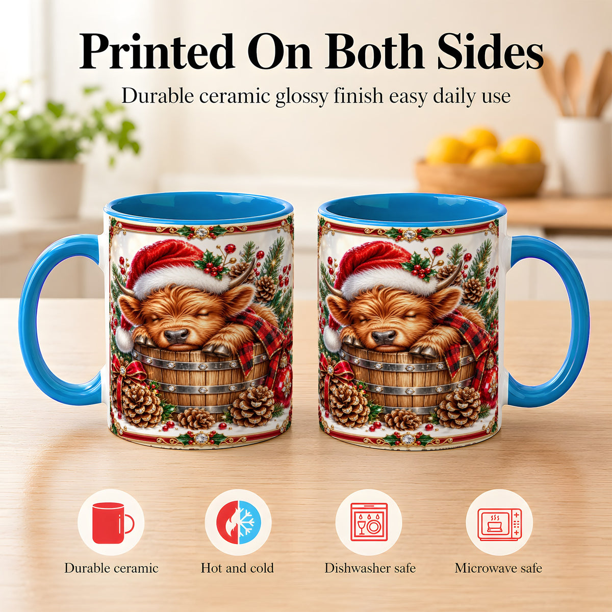 #pl[11oz|Blue] Jeweled Highland Cow Coffee Mug, Christmas Cow Mug, Ceramic Cup