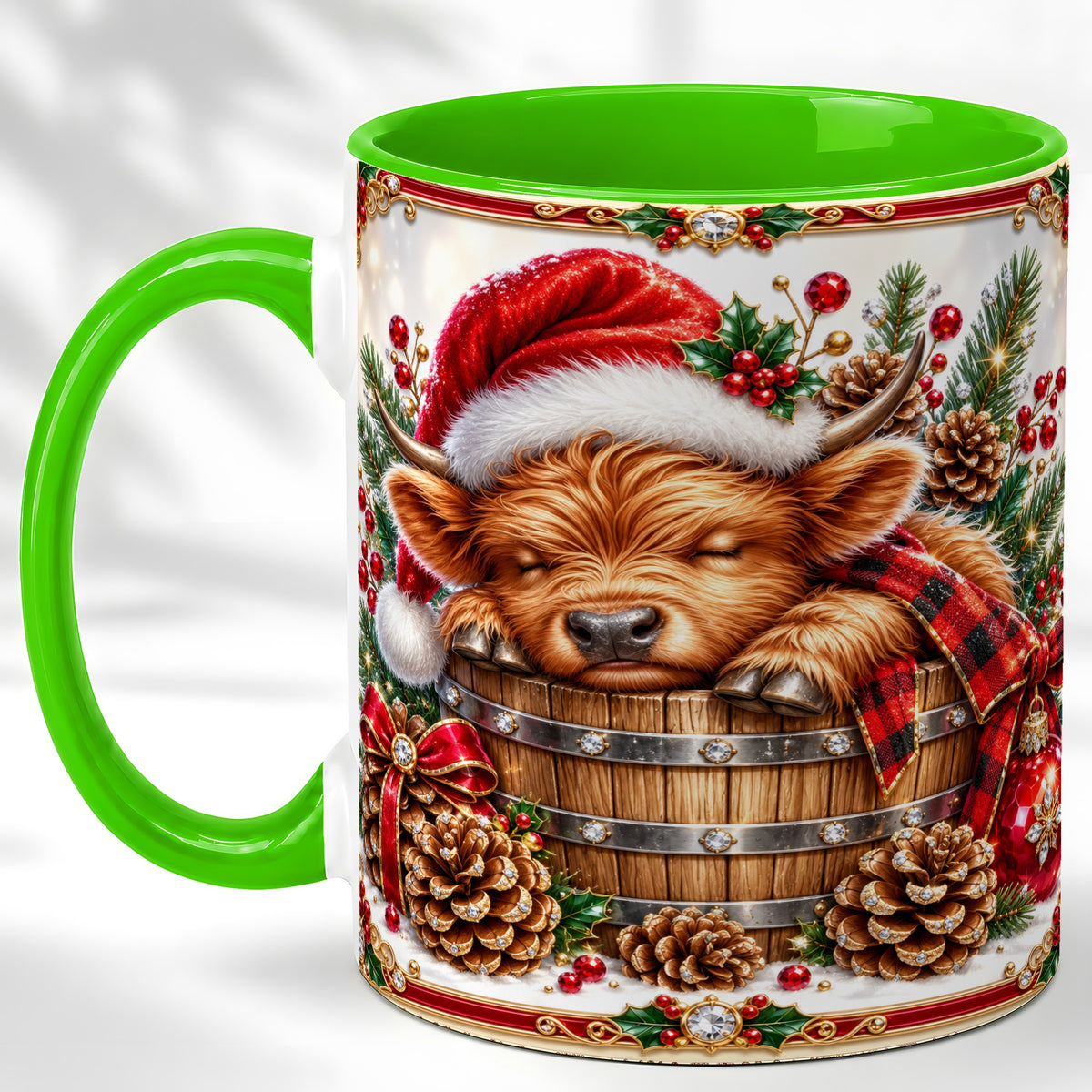 #pl[11oz|Green] Jeweled Highland Cow Coffee Mug, Christmas Cow Mug, Ceramic Cup