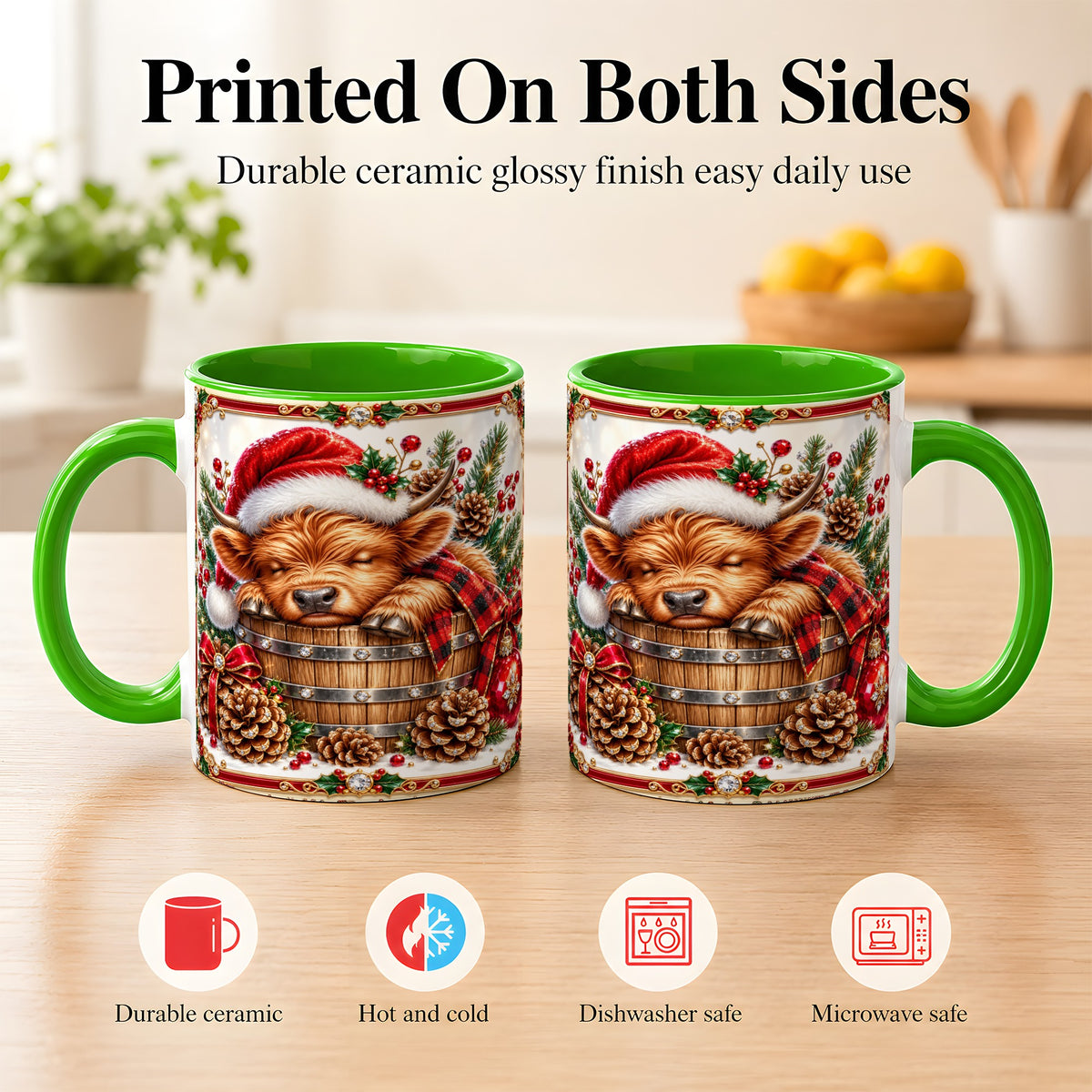#pl[11oz|Green] Jeweled Highland Cow Coffee Mug, Christmas Cow Mug, Ceramic Cup