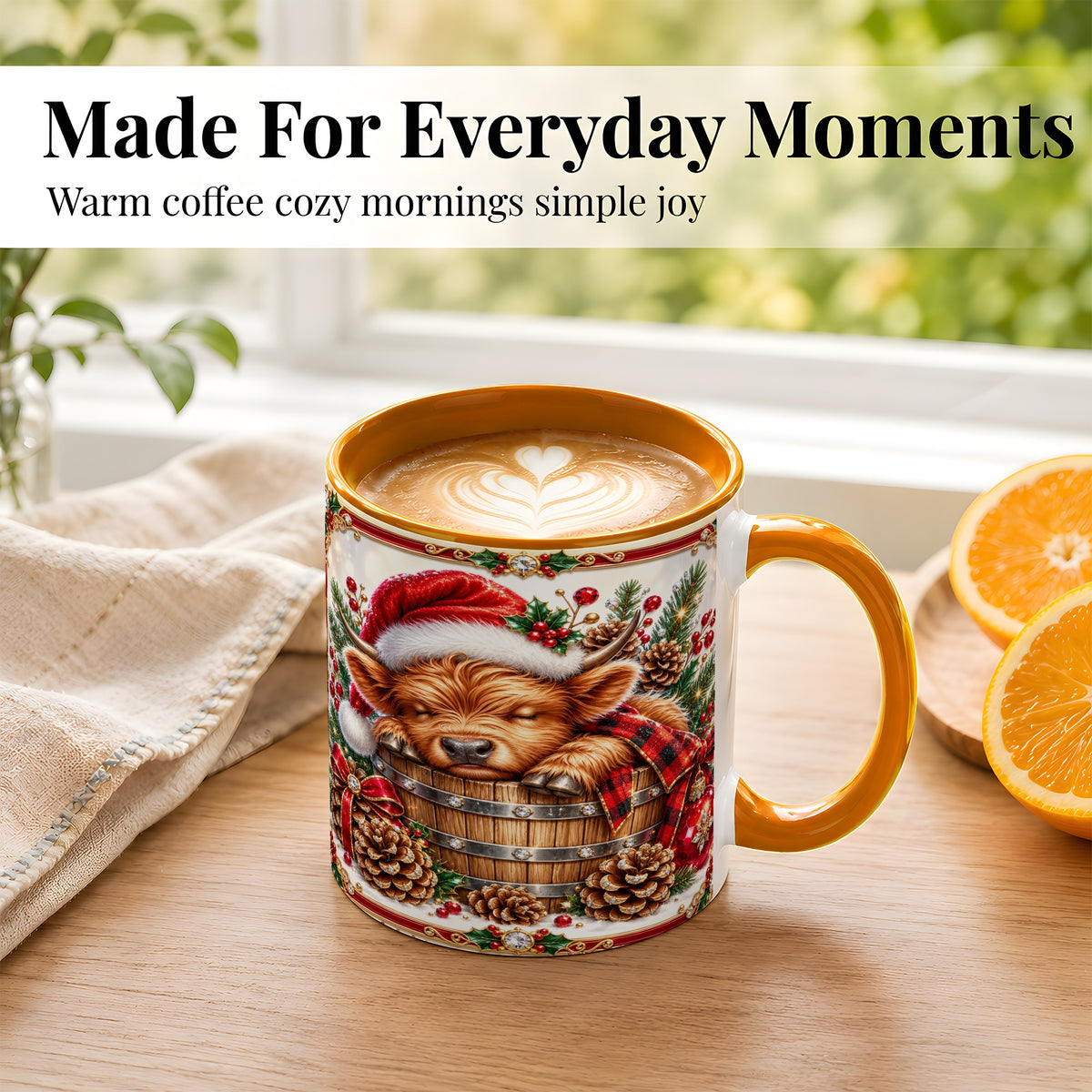 #pl[11oz|Orange] Jeweled Highland Cow Coffee Mug, Christmas Cow Mug, Ceramic Cup