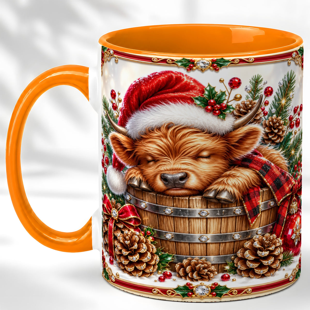 #pl[11oz|Orange] Jeweled Highland Cow Coffee Mug, Christmas Cow Mug, Ceramic Cup