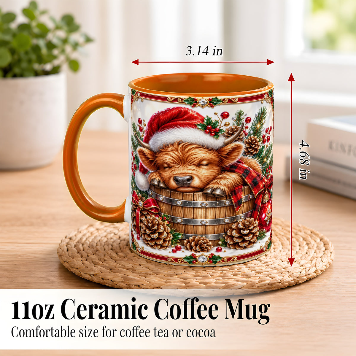 #pl[11oz|Orange] Jeweled Highland Cow Coffee Mug, Christmas Cow Mug, Ceramic Cup