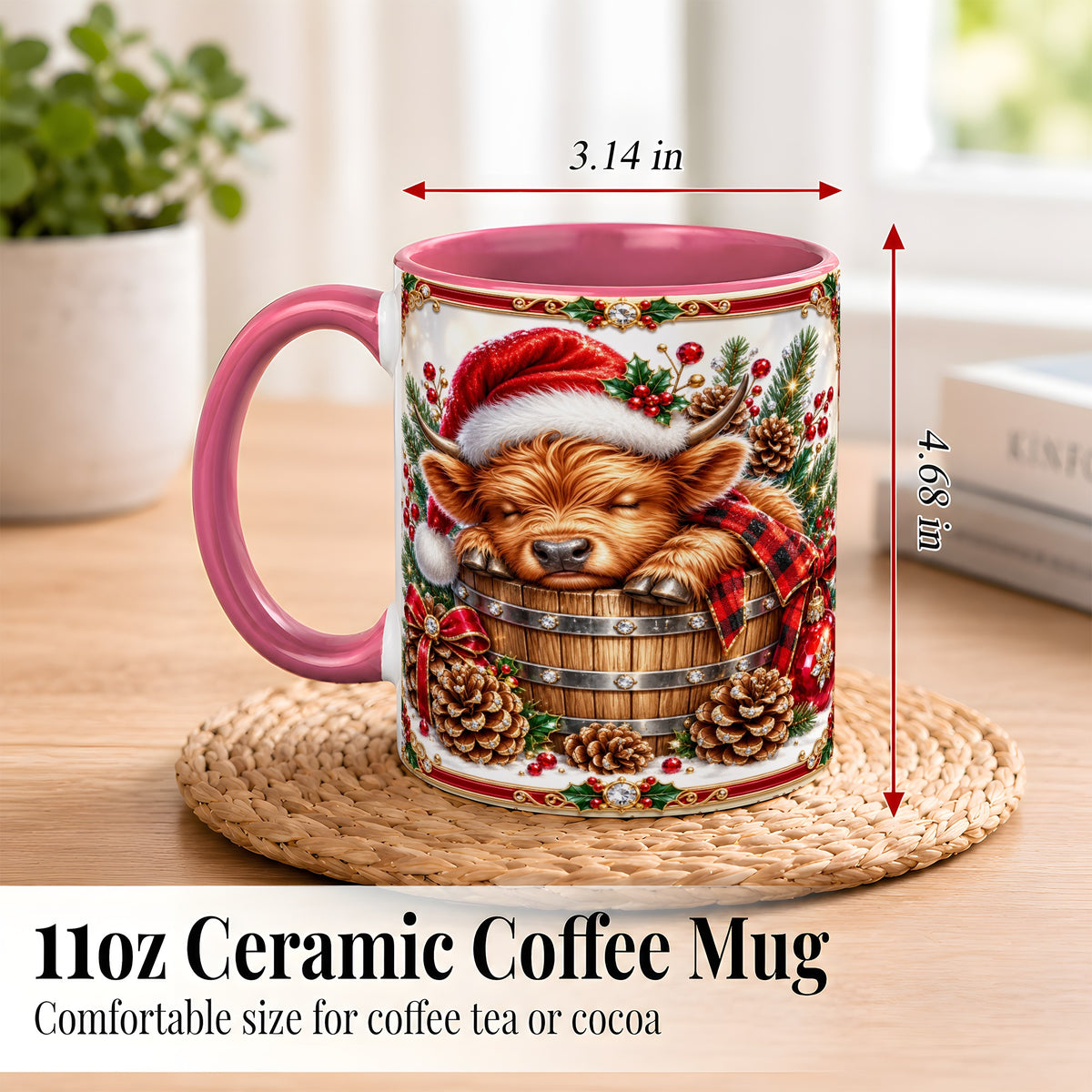 #pl[11oz|Pink] Jeweled Highland Cow Coffee Mug, Christmas Cow Mug, Ceramic Cup