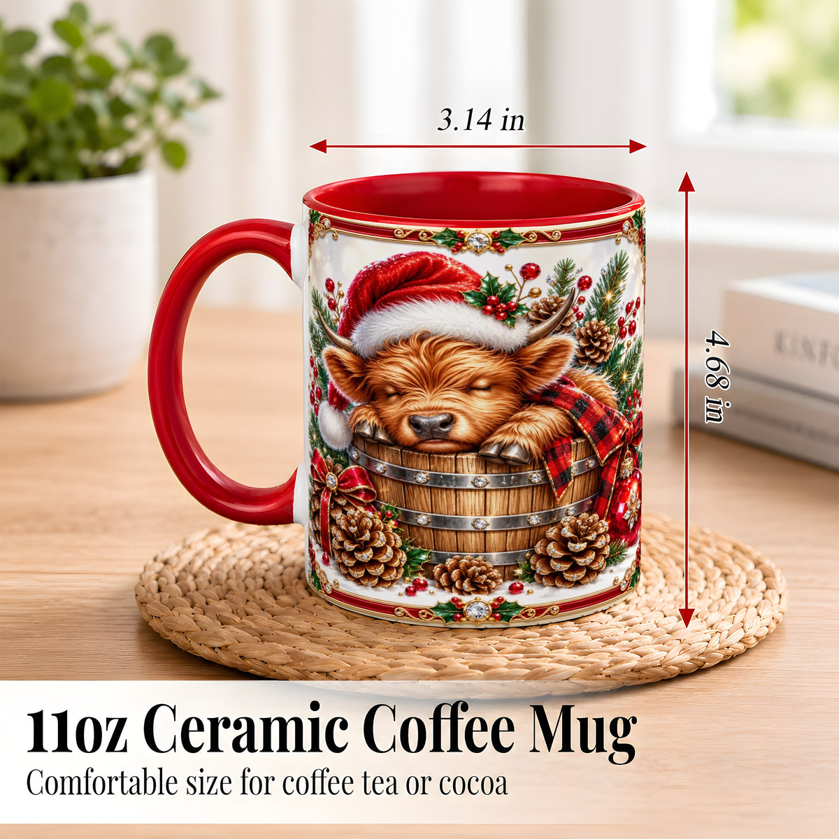 #pl[11oz|Red] Jeweled Highland Cow Coffee Mug, Christmas Cow Mug, Ceramic Cup