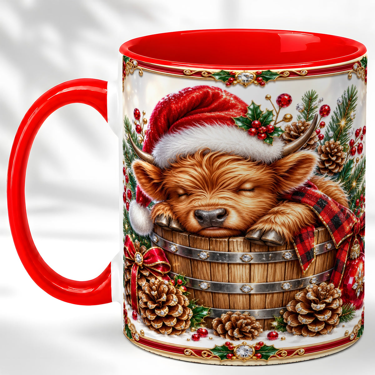 #pl[11oz|Red] Jeweled Highland Cow Coffee Mug, Christmas Cow Mug, Ceramic Cup