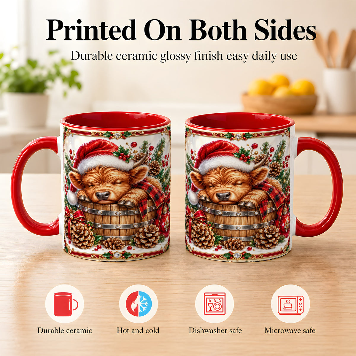 #pl[11oz|Red] Jeweled Highland Cow Coffee Mug, Christmas Cow Mug, Ceramic Cup