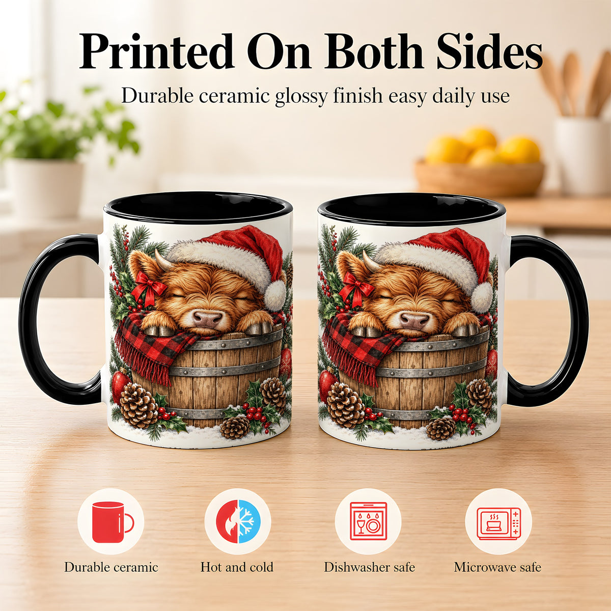 #pl[11oz|Black] Vintage Highland Cow Coffee Mug, Christmas Cow Mug, Ceramic Cup