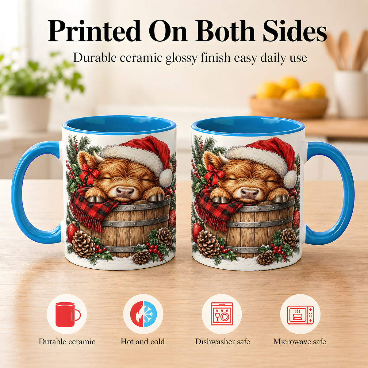 #pl[11oz|Blue] Vintage Highland Cow Coffee Mug, Christmas Cow Mug, Ceramic Cup