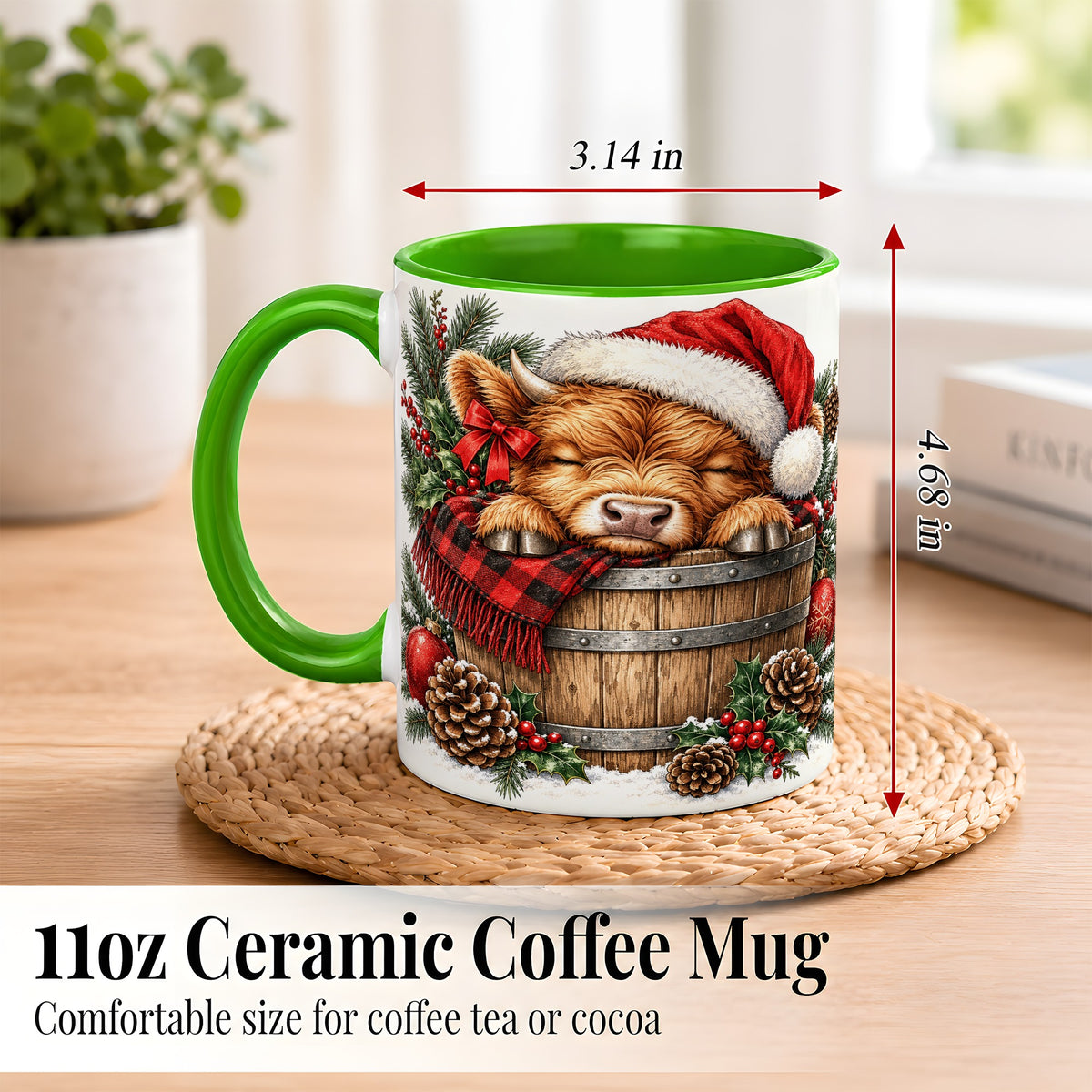 #pl[11oz|Green] Vintage Highland Cow Coffee Mug, Christmas Cow Mug, Ceramic Cup