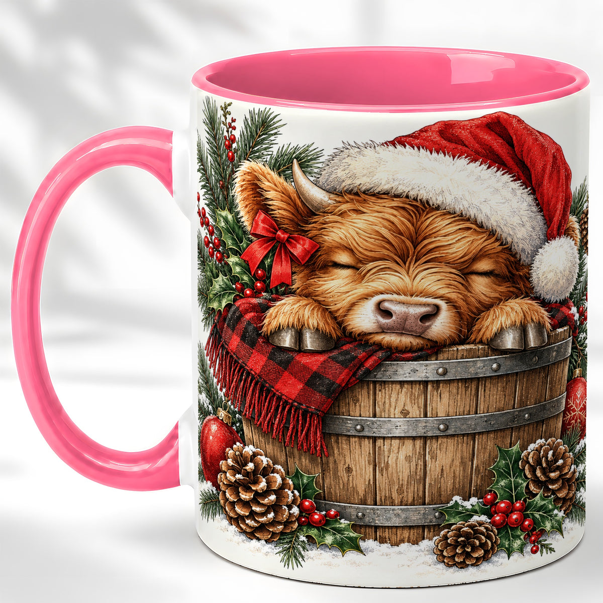 #pl[11oz|Pink] Vintage Highland Cow Coffee Mug, Christmas Cow Mug, Ceramic Cup