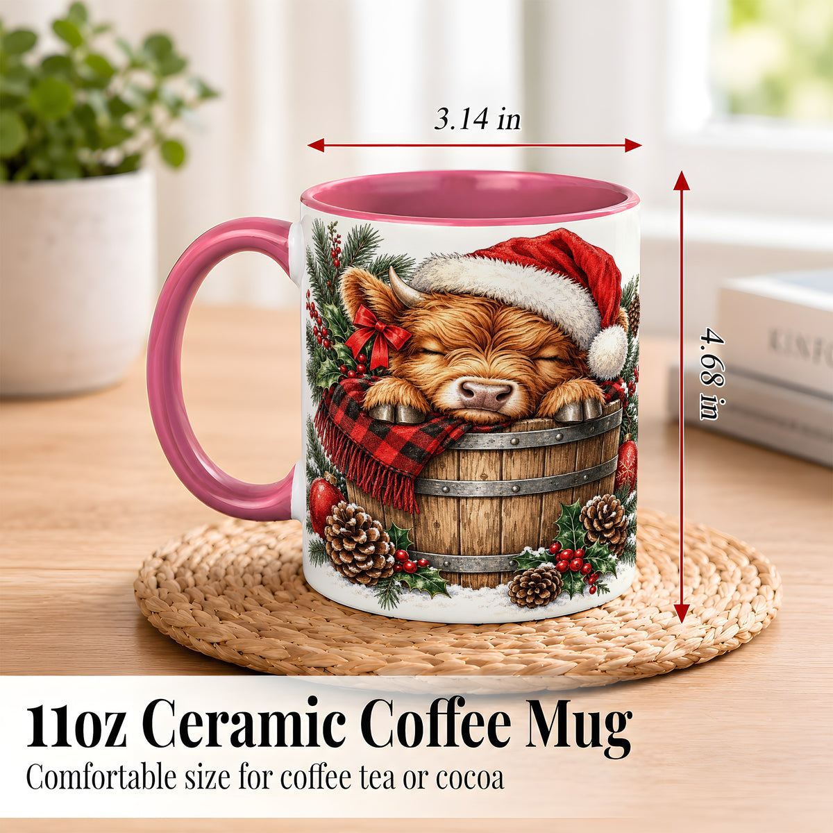 #pl[11oz|Pink] Vintage Highland Cow Coffee Mug, Christmas Cow Mug, Ceramic Cup