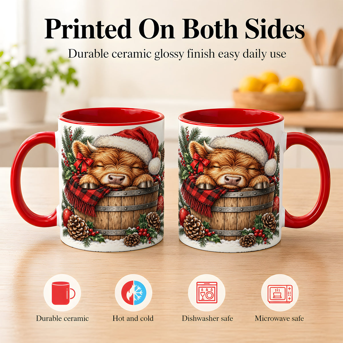 #pl[11oz|Red] Vintage Highland Cow Coffee Mug, Christmas Cow Mug, Ceramic Cup
