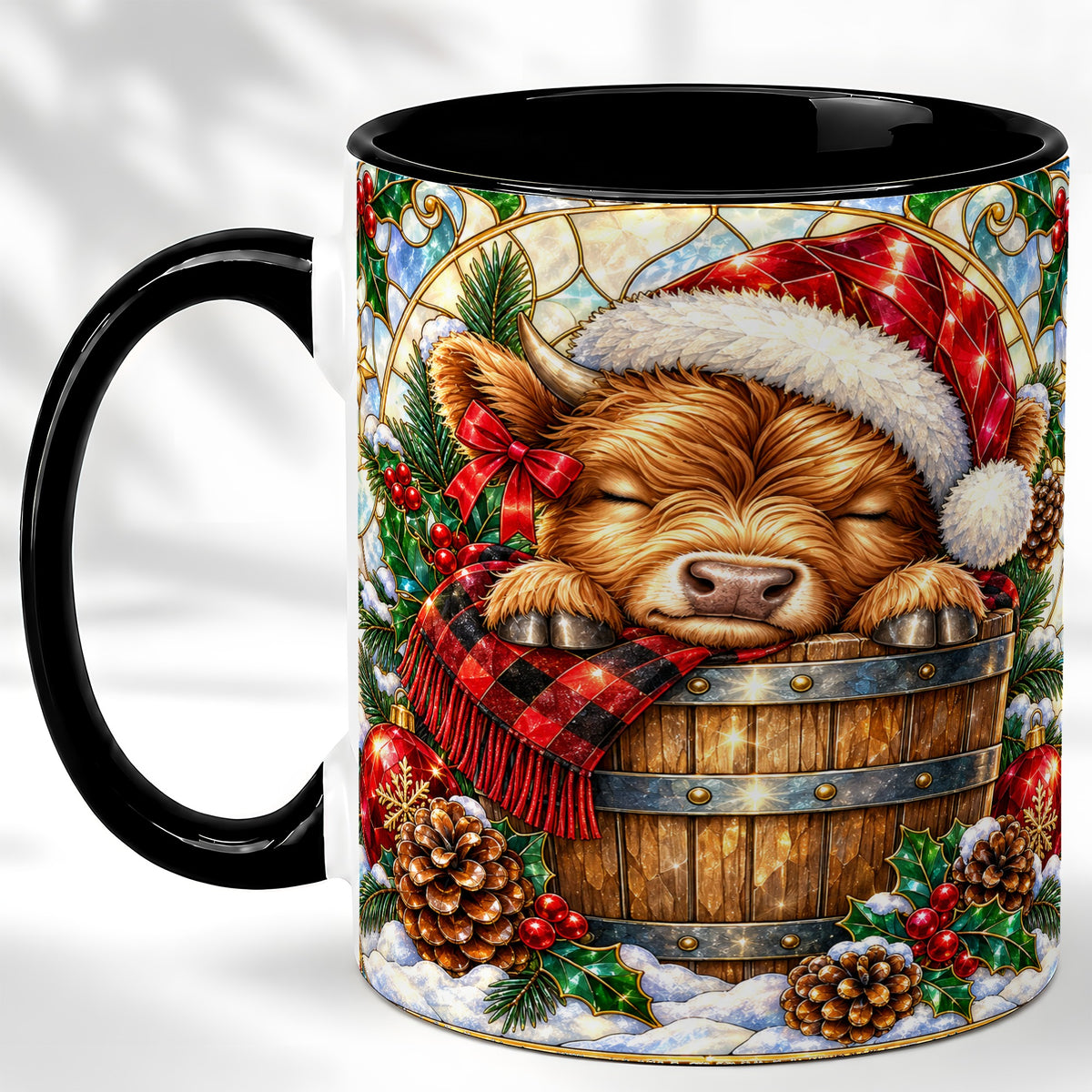 #pl[11oz|Black] Stained Glass Highland Cow Coffee Mug, Christmas Cow Mug, Ceramic Cup