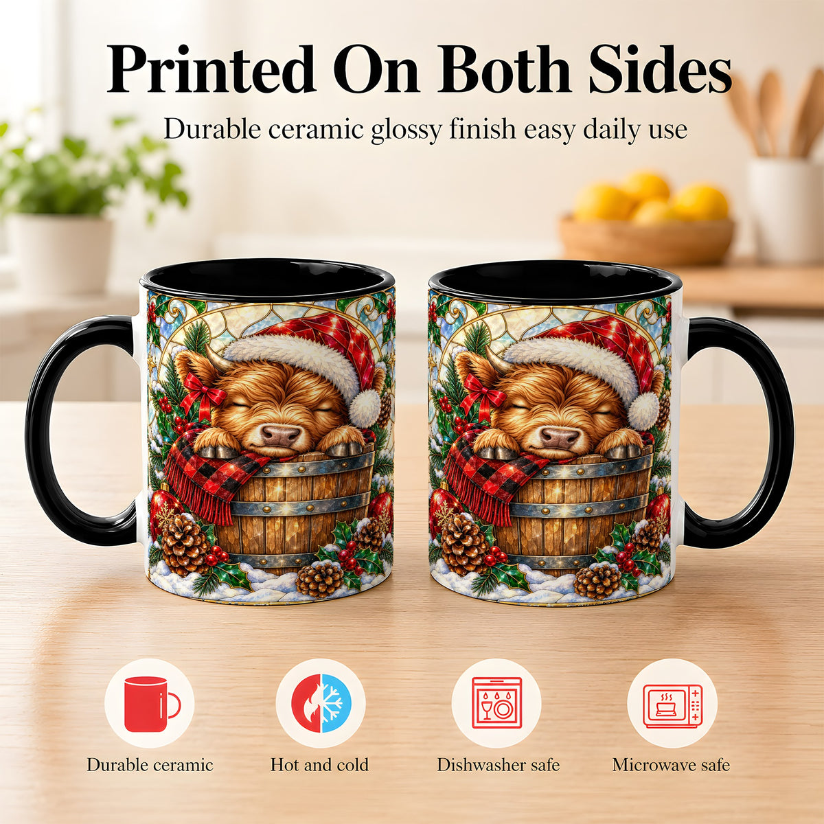 #pl[11oz|Black] Stained Glass Highland Cow Coffee Mug, Christmas Cow Mug, Ceramic Cup