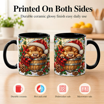 #pl[11oz|Black] Stained Glass Highland Cow Coffee Mug, Christmas Cow Mug, Ceramic Cup