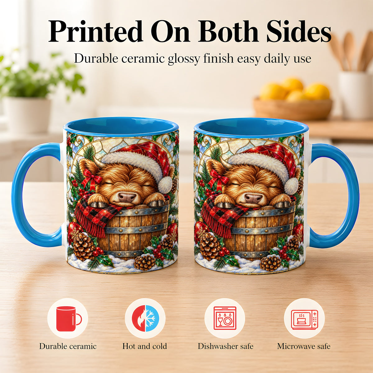 #pl[11oz|Blue] Stained Glass Highland Cow Coffee Mug, Christmas Cow Mug, Ceramic Cup