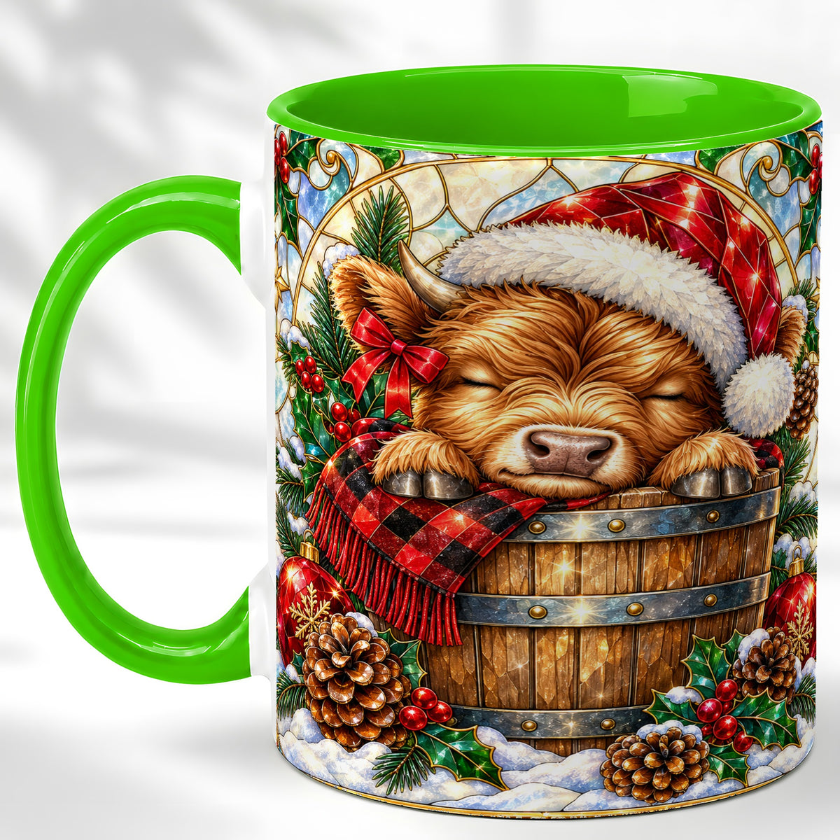 #pl[11oz|Green] Stained Glass Highland Cow Coffee Mug, Christmas Cow Mug, Ceramic Cup