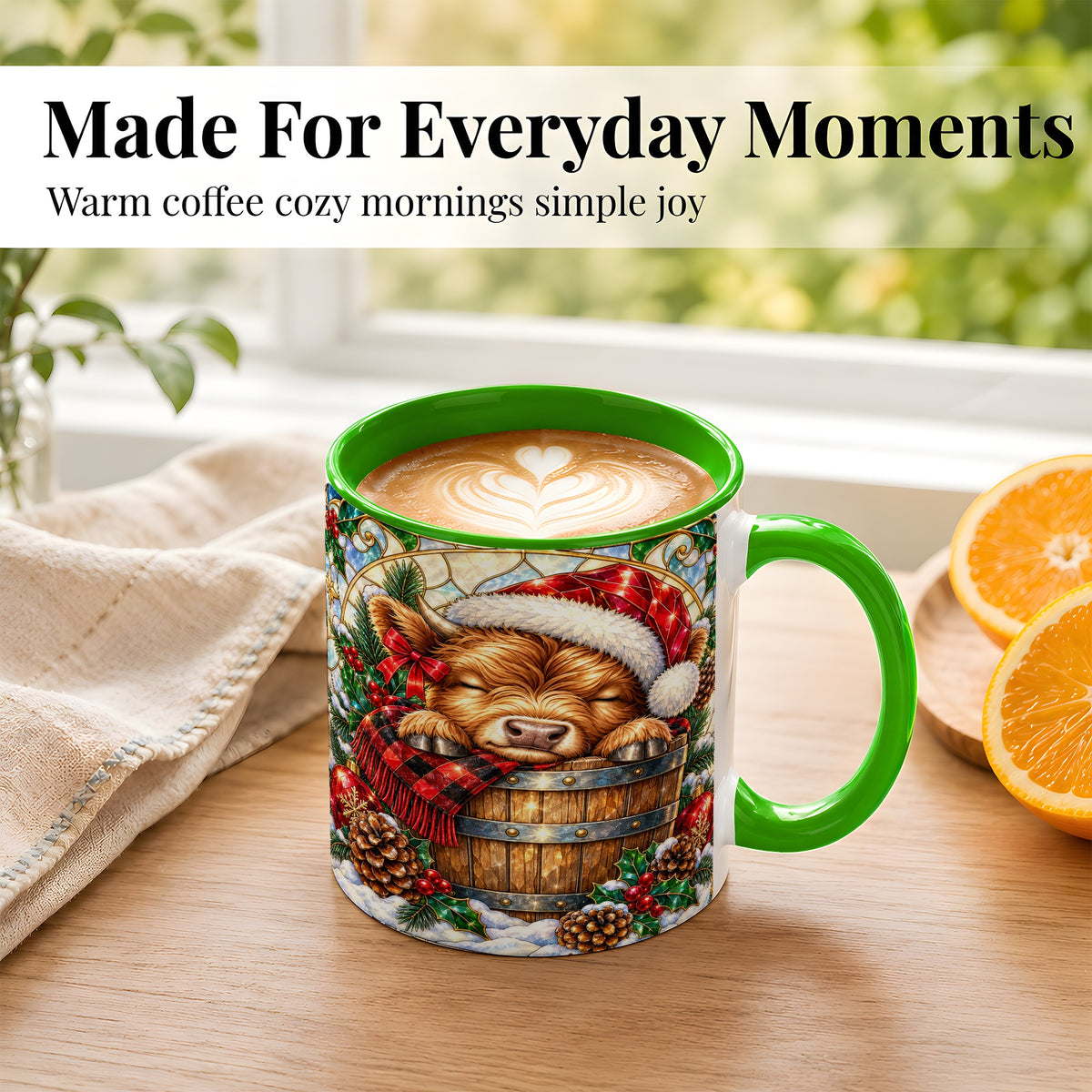 #pl[11oz|Green] Stained Glass Highland Cow Coffee Mug, Christmas Cow Mug, Ceramic Cup