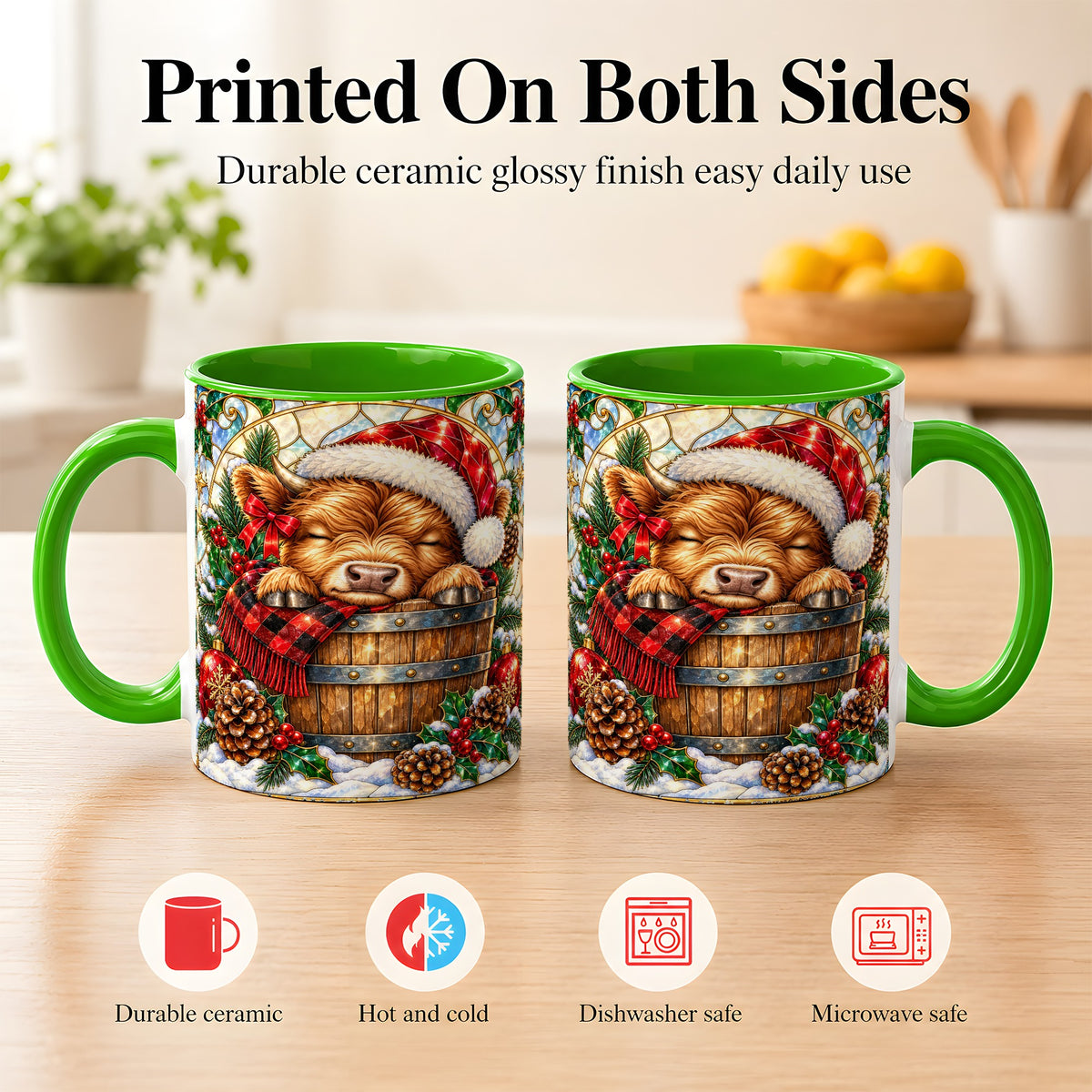 #pl[11oz|Green] Stained Glass Highland Cow Coffee Mug, Christmas Cow Mug, Ceramic Cup