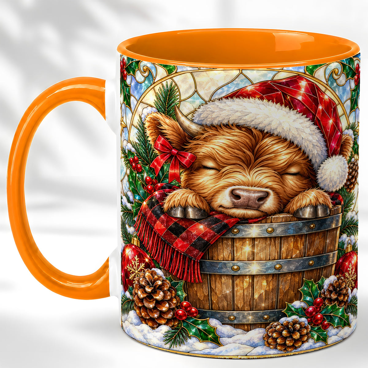 #pl[11oz|Orange] Stained Glass Highland Cow Coffee Mug, Christmas Cow Mug, Ceramic Cup
