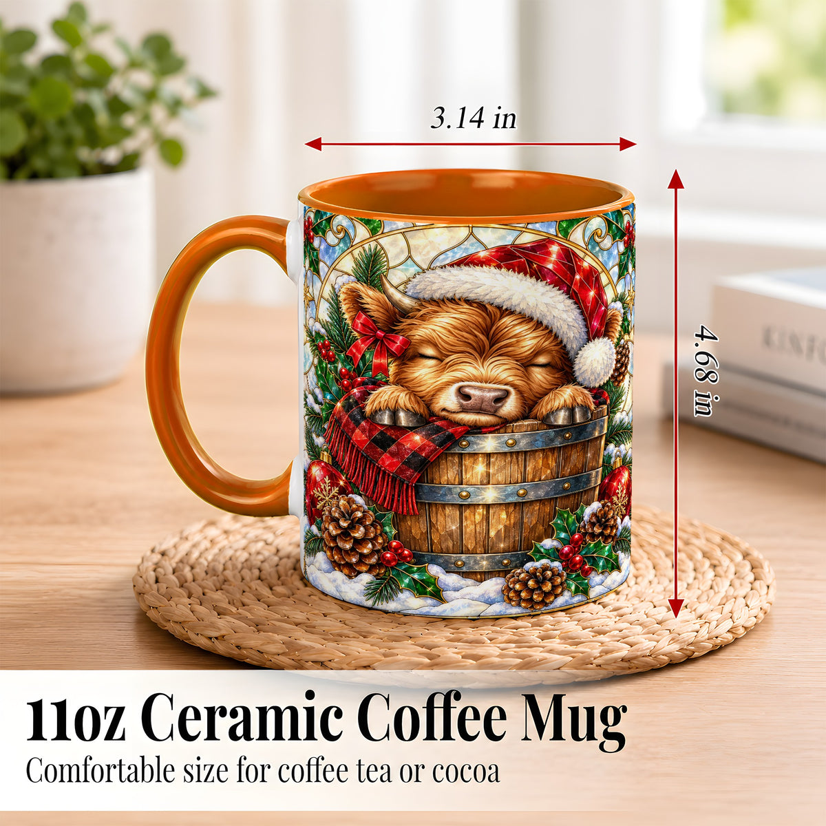 #pl[11oz|Orange] Stained Glass Highland Cow Coffee Mug, Christmas Cow Mug, Ceramic Cup