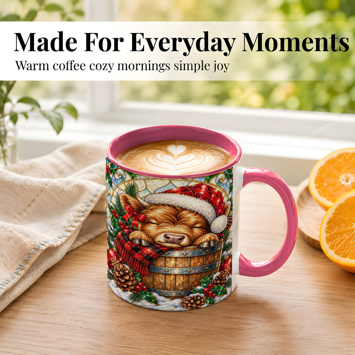 #pl[11oz|Pink] Stained Glass Highland Cow Coffee Mug, Christmas Cow Mug, Ceramic Cup