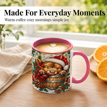 #pl[11oz|Pink] Stained Glass Highland Cow Coffee Mug, Christmas Cow Mug, Ceramic Cup