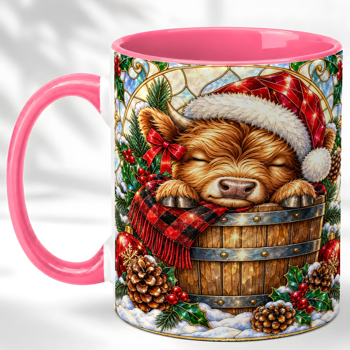#pl[11oz|Pink] Stained Glass Highland Cow Coffee Mug, Christmas Cow Mug, Ceramic Cup