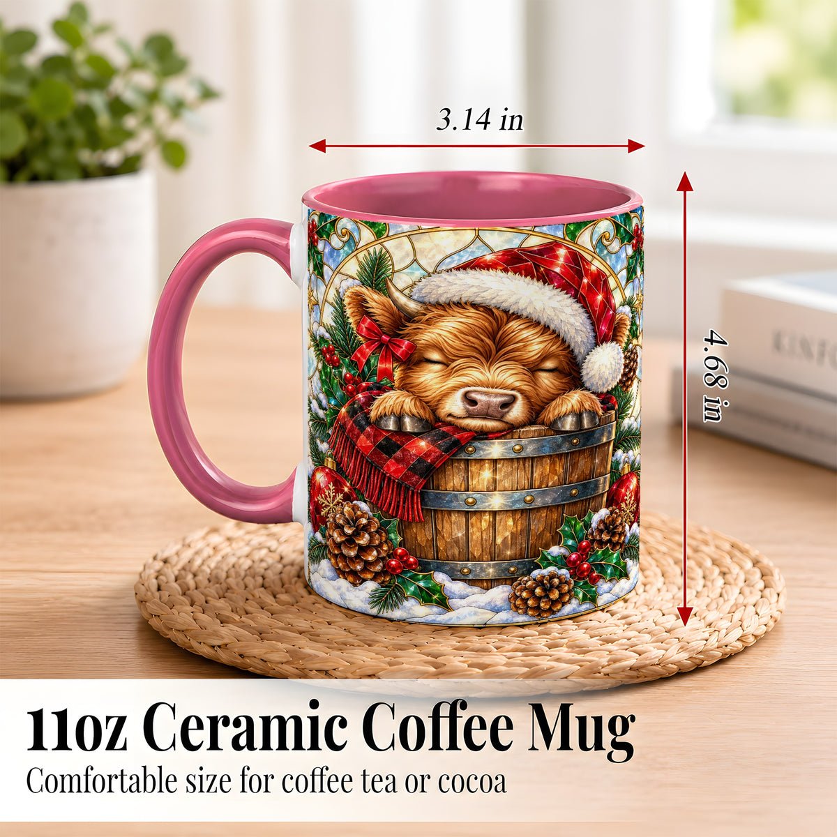 #pl[11oz|Pink] Stained Glass Highland Cow Coffee Mug, Christmas Cow Mug, Ceramic Cup