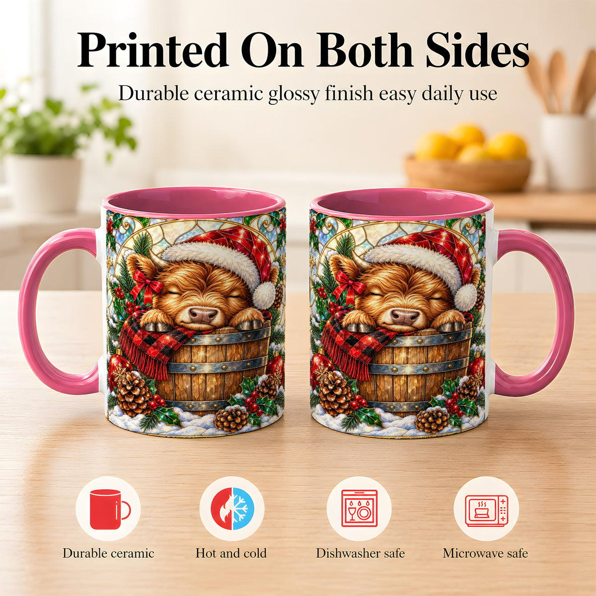 #pl[11oz|Pink] Stained Glass Highland Cow Coffee Mug, Christmas Cow Mug, Ceramic Cup