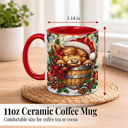 #pl[11oz|Red] Stained Glass Highland Cow Coffee Mug, Christmas Cow Mug, Ceramic Cup