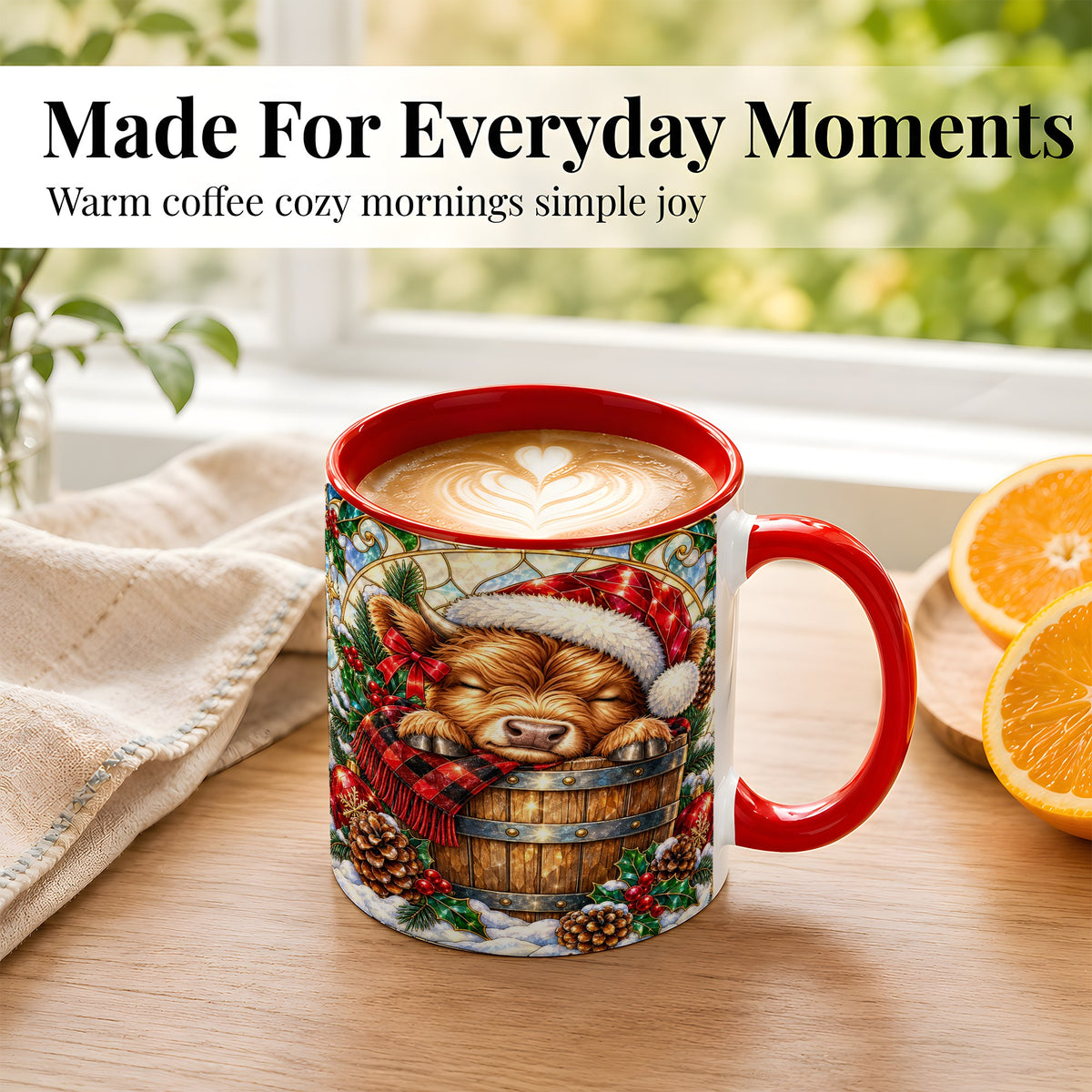 #pl[11oz|Red] Stained Glass Highland Cow Coffee Mug, Christmas Cow Mug, Ceramic Cup