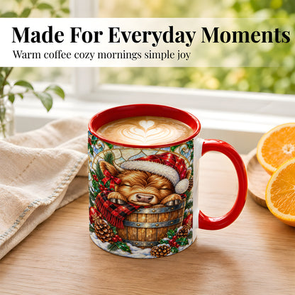 #pl[11oz|Red] Stained Glass Highland Cow Coffee Mug, Christmas Cow Mug, Ceramic Cup