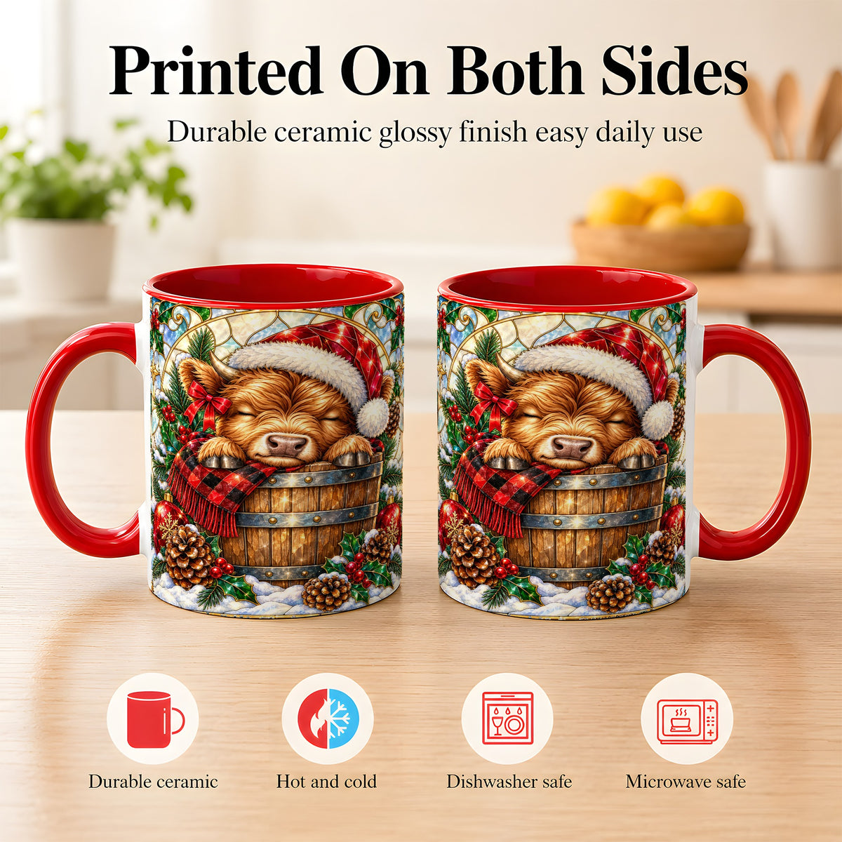 #pl[11oz|Red] Stained Glass Highland Cow Coffee Mug, Christmas Cow Mug, Ceramic Cup