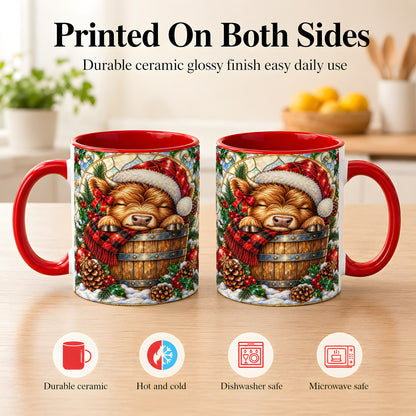 #pl[11oz|Red] Stained Glass Highland Cow Coffee Mug, Christmas Cow Mug, Ceramic Cup