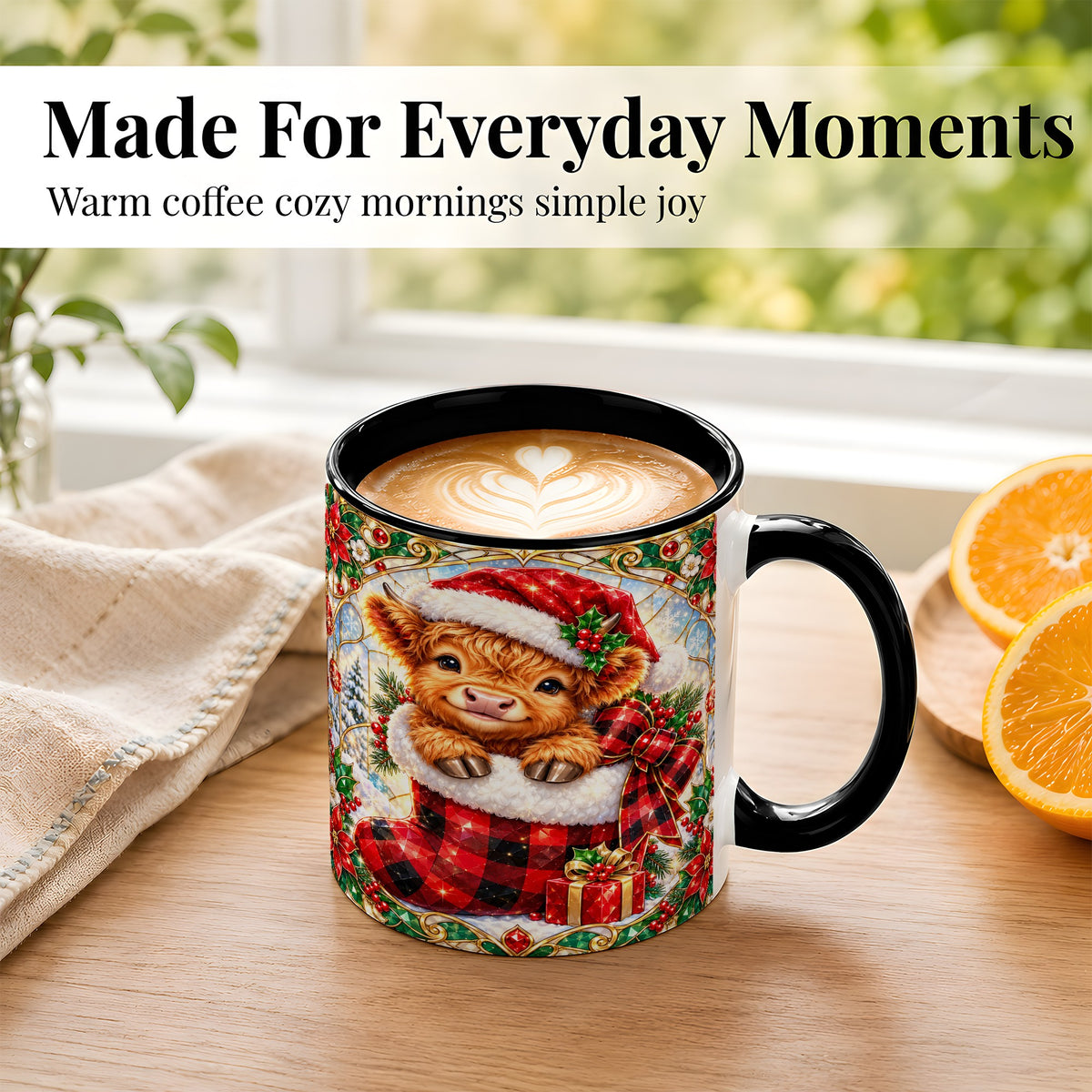 #pl[11oz|Black] Christmas Highland Cow Coffee Mug, Holiday Calf Mug, Ceramic Cup