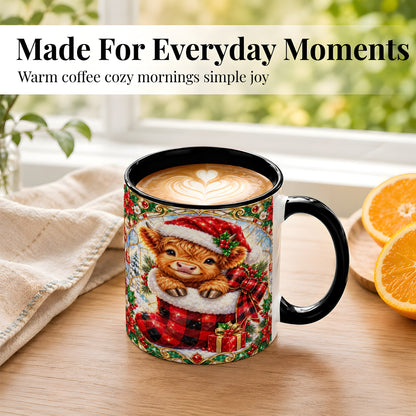 #pl[11oz|Black] Christmas Highland Cow Coffee Mug, Holiday Calf Mug, Ceramic Cup
